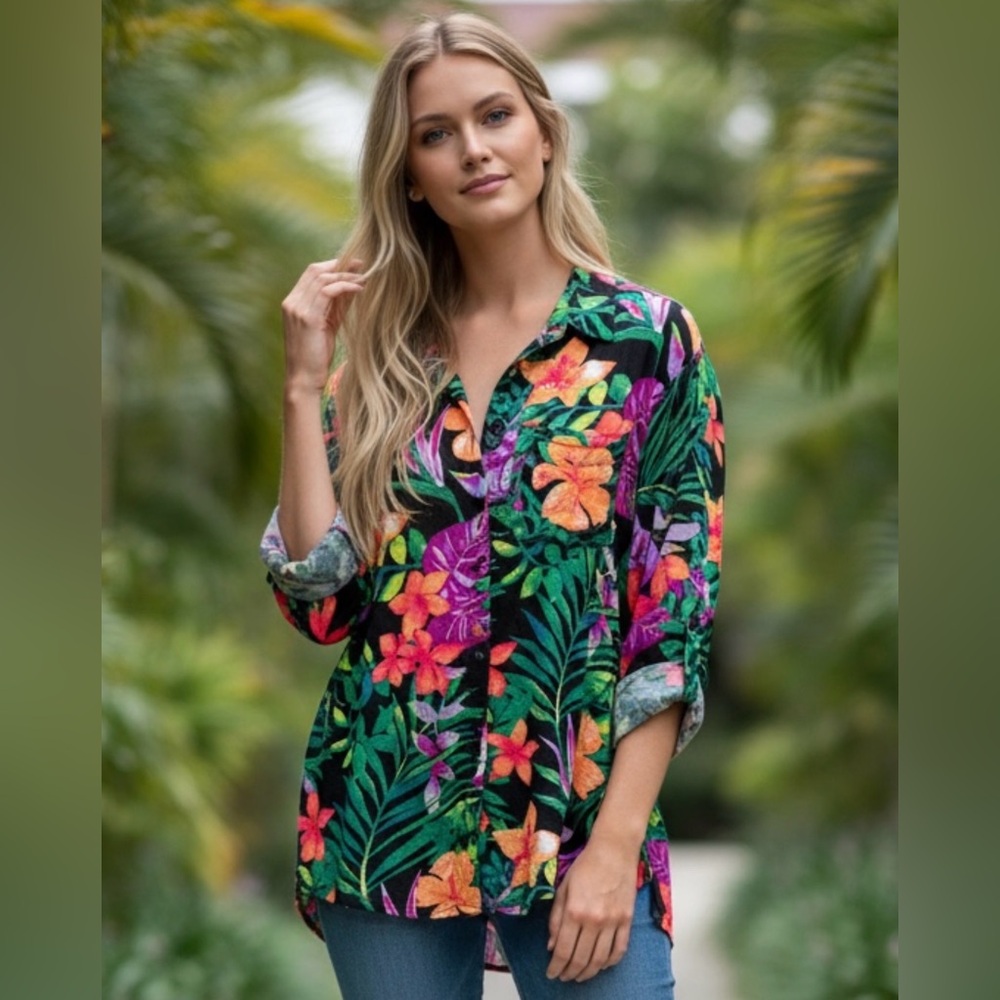 Tommy Bahama Tropical Floral Hawaiian Button Front Tunic Blouse Top Large Cotton